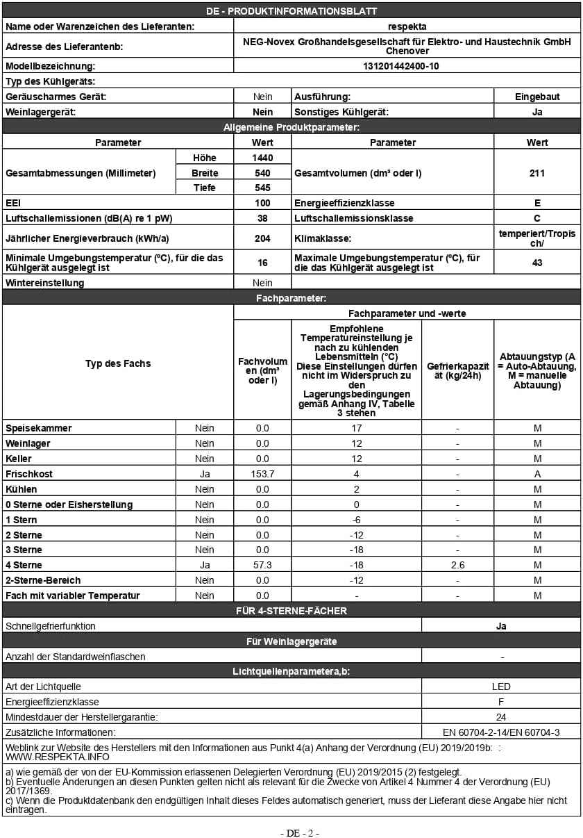 Esko Réfrigérateur-Congélateur Encastrable 144 Cm / 211 L De Capacité Utile Totale/Charnières De Porte Réversibles/Arrêt Automatique De La Partie Réfrigération/Low Frost / KGE144-10
