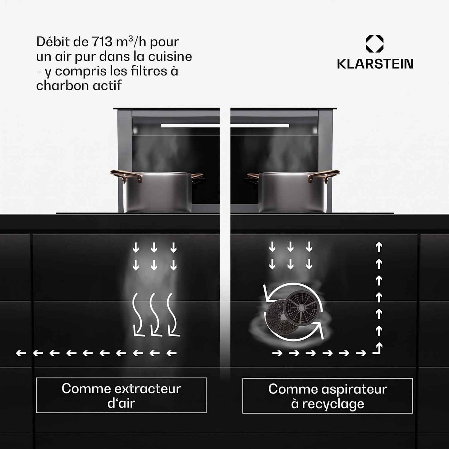 Hotte Aspiration Descendante  60 Cm, Hotte Aspirante Escamotable Évacuation/Air Recyclé Pour La Cuisine, Aspirante Silencieuse Sans Tuyau, Débit D'Air 713