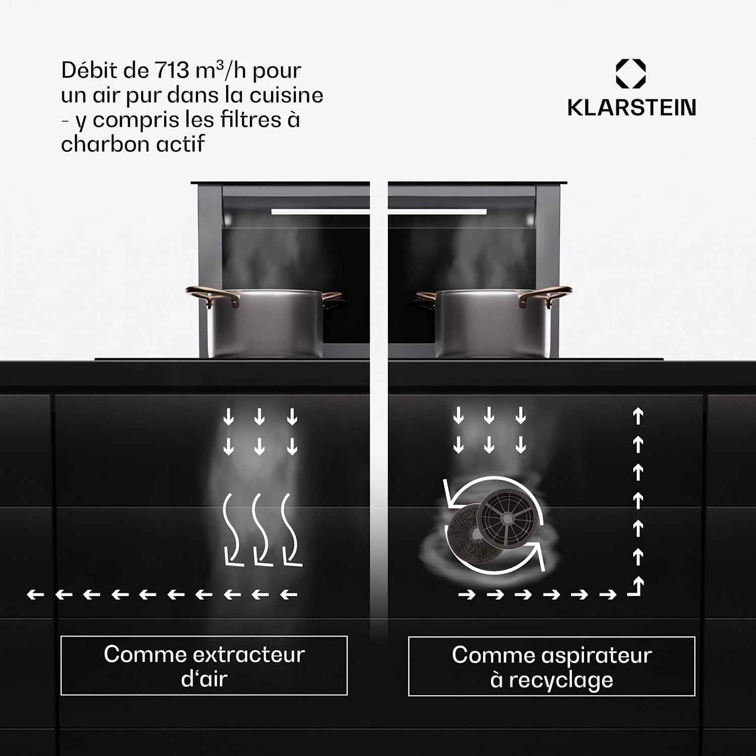 Hotte Aspiration Descendante  60 Cm, Hotte Aspirante Escamotable Évacuation/Air Recyclé Pour La Cuisine, Aspirante Silencieuse Sans Tuyau, Débit D'Air 713