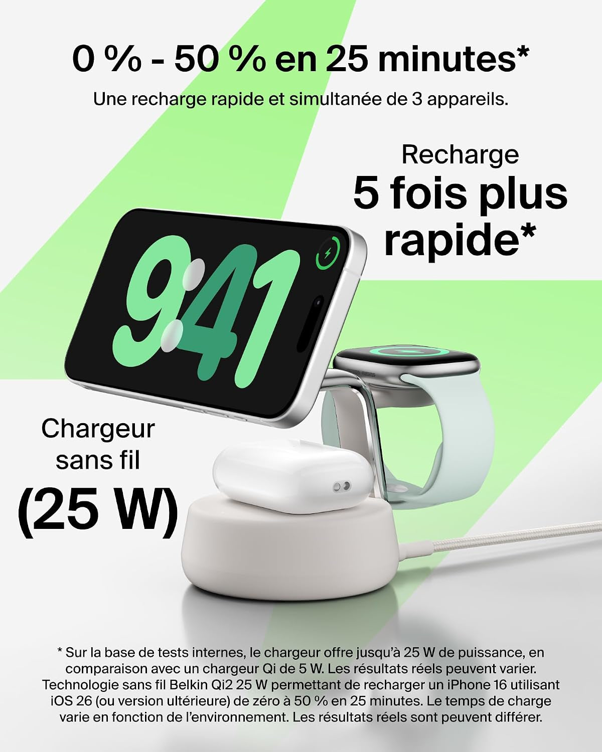 Belkin Ultracharge Pro Station Sans Fil 3-En-1 25 W, Qi2.2 - Beige | Qi2, Chargeur Magnétique Magsafe, Refroidissement, Câble Et Adaptateur Secteur 45 W, Recharge De Trois Appareils