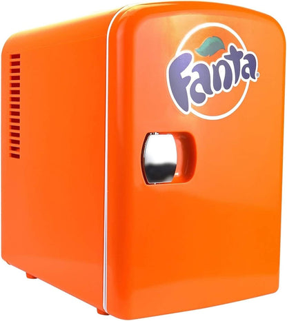 Coca Cola Fanta Portable 6 Can Thermoelectric Mini Fridge Cooler/Warmer, 4 L/4.2 Quarts Capacity, 12V DC/110V AC Plugs Included Great for Home, Car, Skincare, Cosmetics, Medication