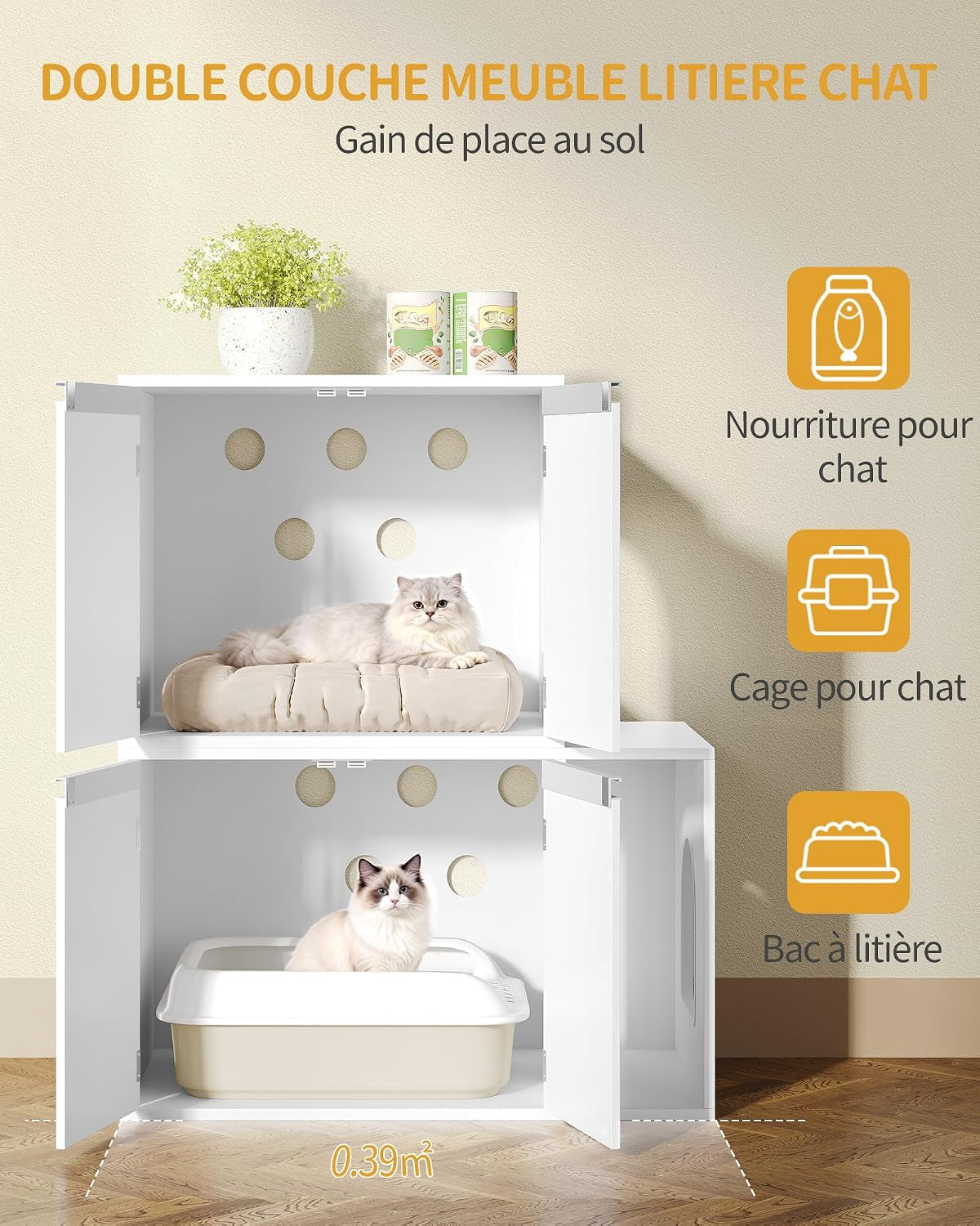 Meuble Litiere Pour 2 Chats, 100Cm Maison De Toilette Chat, Blanc | Maison Cachée Pour Chat Avec Chambres Doubles, 140 X 48 X 48 Cm, Pour Cacher Plupart Des Bacs À Litière Pour Chats, CB65603X