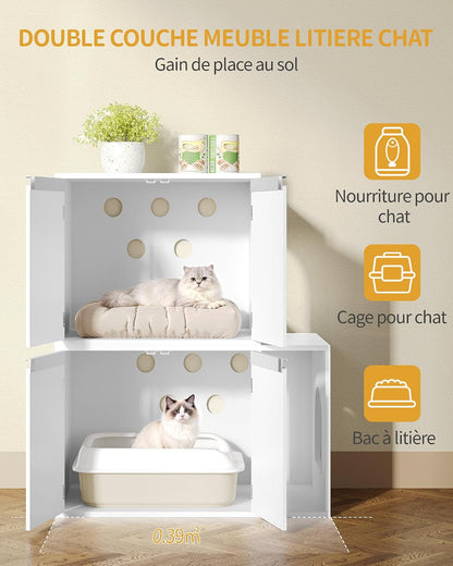 Meuble Litiere Pour 2 Chats, 100Cm Maison De Toilette Chat, Blanc | Maison Cachée Pour Chat Avec Chambres Doubles, 140 X 48 X 48 Cm, Pour Cacher Plupart Des Bacs À Litière Pour Chats, CB65603X