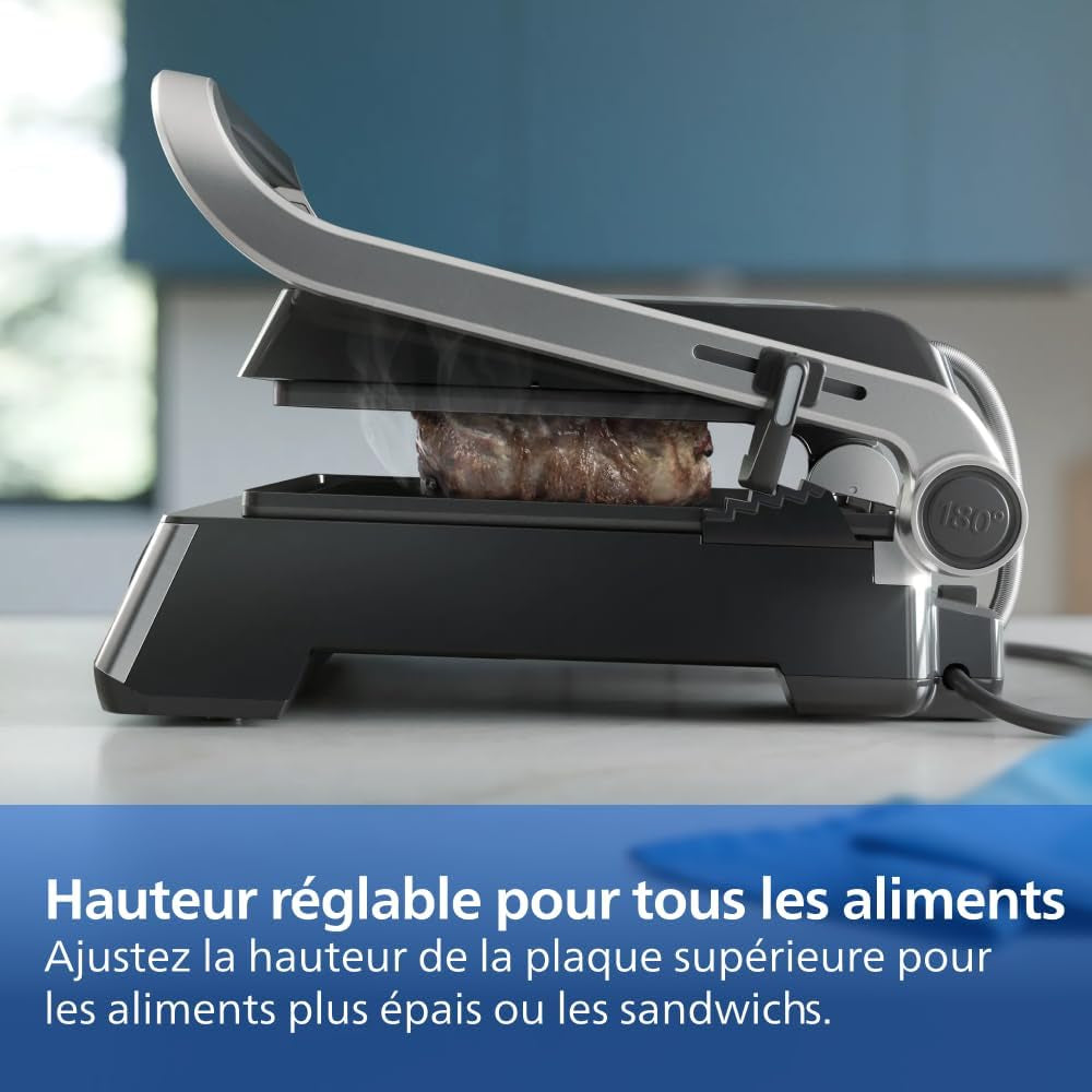 Grill Électrique 5000, Température Réglable, 2200W, Métal | Grill De Table, Ouverture 180°, Grande Surface De Cuisson, Plaques Antiadhésives Amovibles, Facile À Nettoyer (HD6301/90)