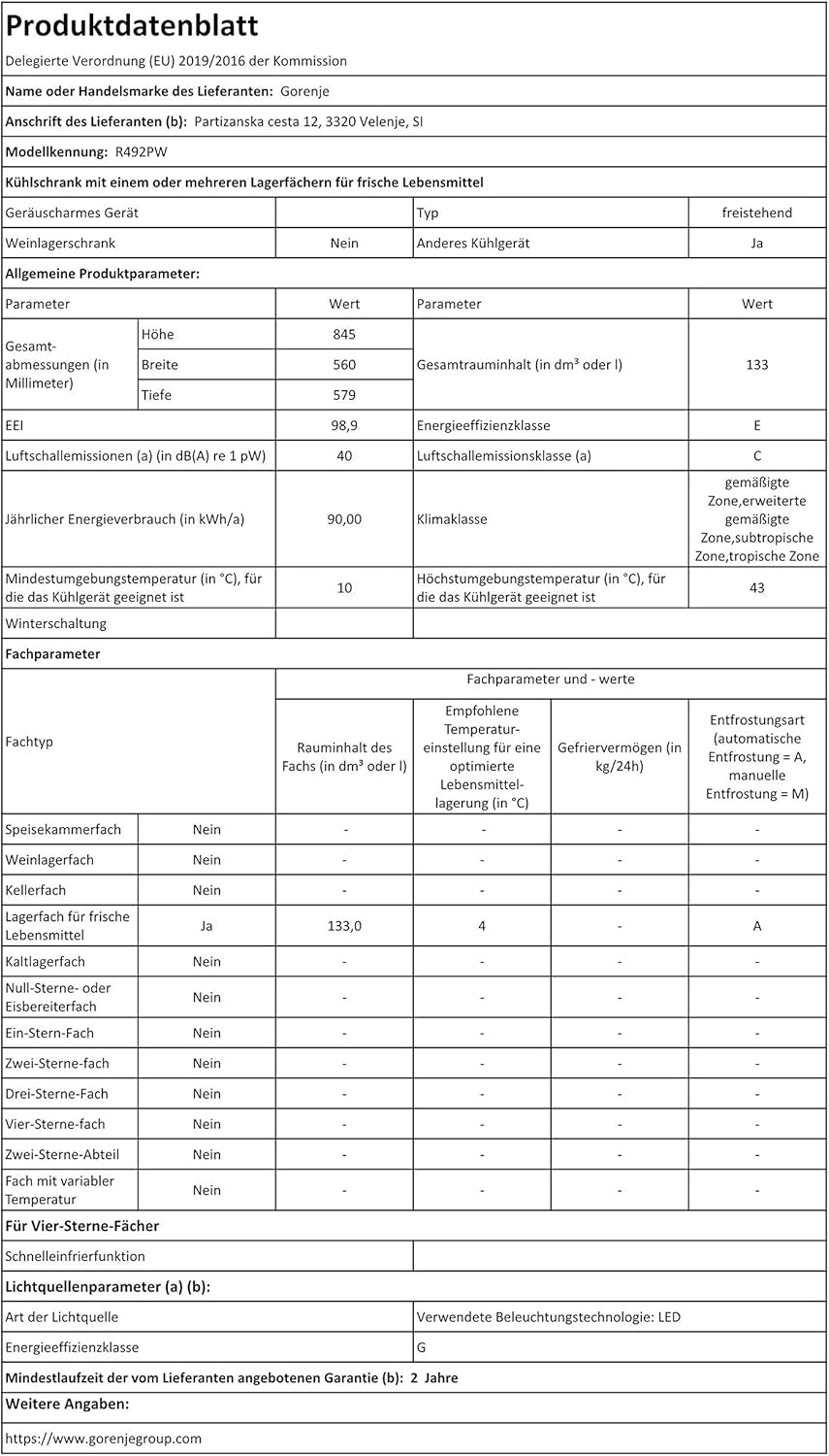 R492PW Réfrigérateur Autoportante 133 L E Blanc
