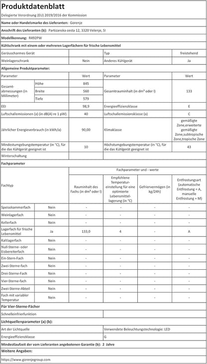 R492PW Réfrigérateur Autoportante 133 L E Blanc