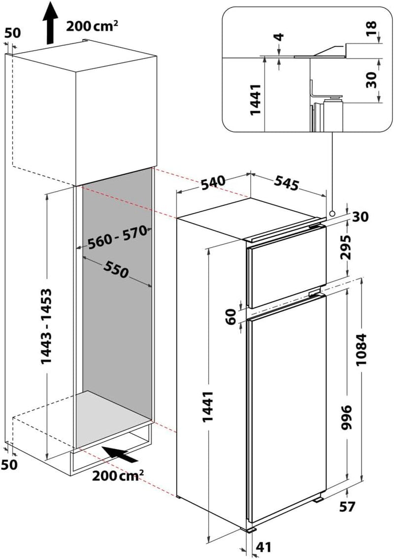 KDI 14S2 Réfrigérateur/Congélateur Encastrable/Classe D'Efficacité Énergétique : E/Niche 145 / Réglage Électronique De La Température/Éclairage Led/Dégivrage Automatique Dans La
