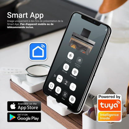 A+++ Hotte Aspirante 80 Cm 782 M³/H Drain Uringang Capot Mural Sans Tête | Miroir En Verre Noir | Démarrage Différé | Smart Wifi App Wi-Fi | Sensortouch | Éclairage LED RGBW | PLOOM8005M