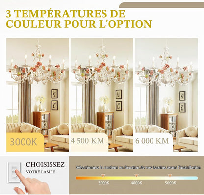 Lustre Blanc Vintage,Lustre Salon En Métal Avec Rose En Céramique Fleurs,Suspension Luminaire À Bougies E14 Française Pour Chambre Salon Enfant Chambre Salle À Manger,8 Lumières