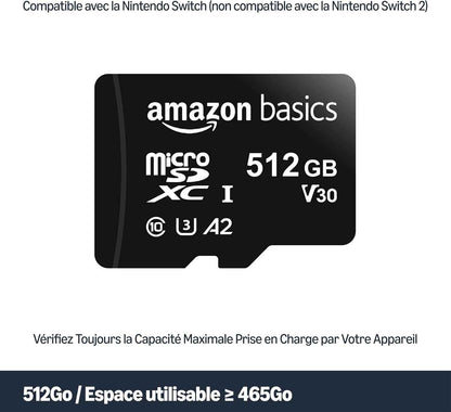 Carte Mémoire Microsdxc Avec Adaptateur Grande Taille, A2, U3, Vitesse De Lecture Jusqu’À 100Mbit/S, 512Go, Noir
