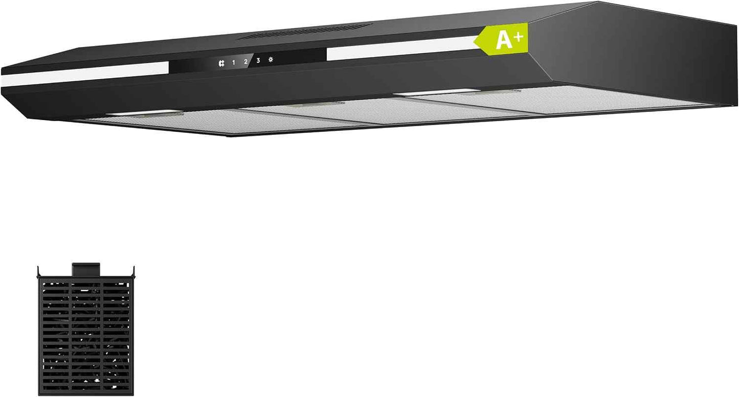 CBCB90921 Classe A+ Hotte Aspirante 90 Cm Sous Meuble - Noire | 320 M³/H -3 Vitesses,Commande Tactile, Évacuation&Recyclage, Filtre À Charbon CBCF011 Inclus, Lumière D’Ambiance Chaleureuse