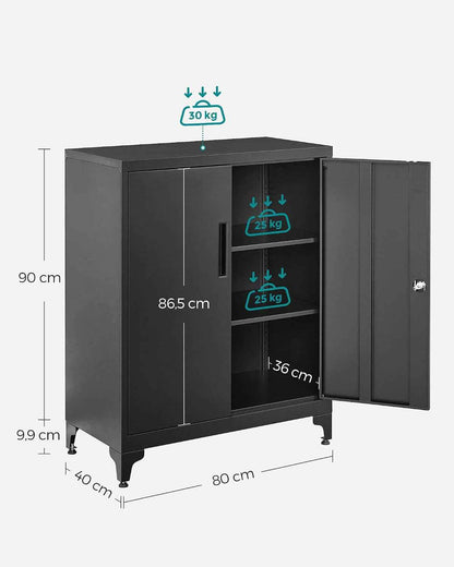 Caisson De Bureau, Placard Polyvalent, Armoire De Bureau À 2 Portes, Verrouillable, En Acier, Pour Salon, Noir Mat OMC013B01