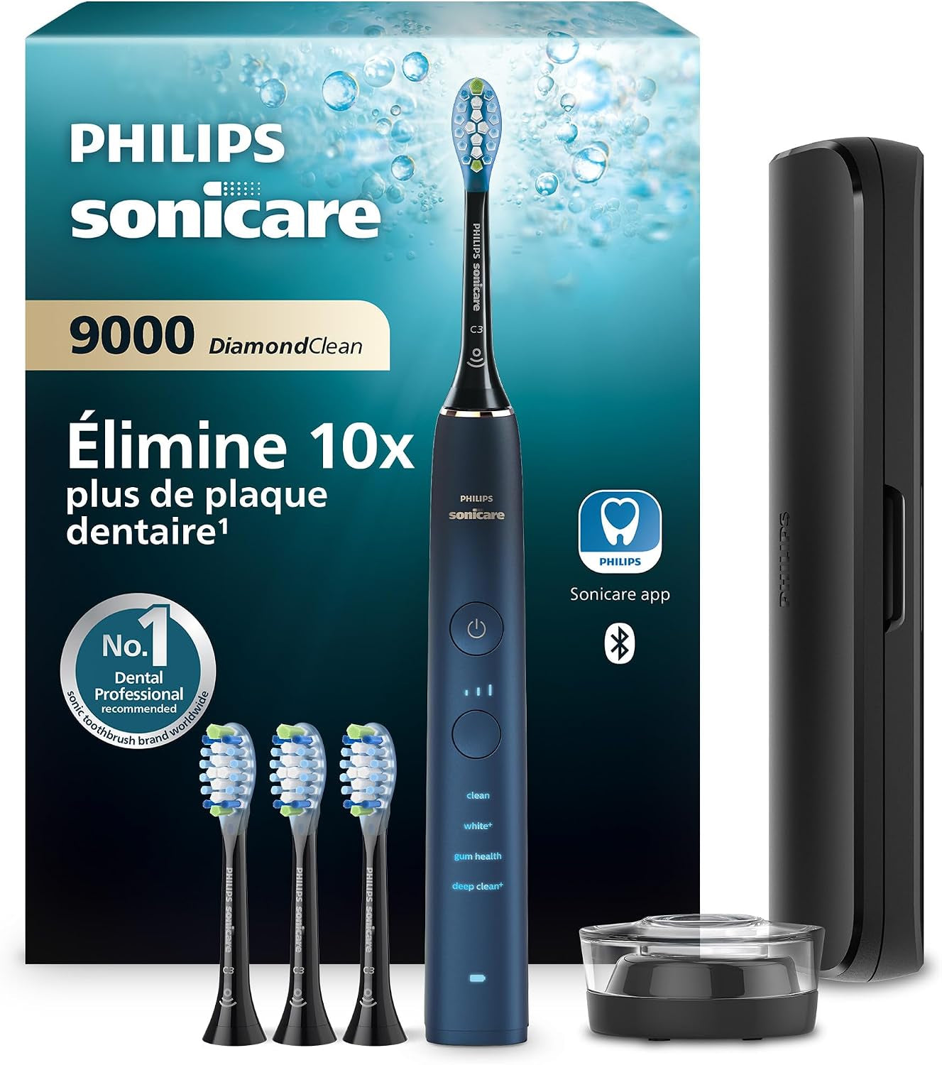 Sonicare Diamondclean 9000 - Brosse À Dents Électrique Avec Application, Édition Spéciale, Capteur De Pression, Socle De Charge, Bleu Marine, Modèle HX9911/89