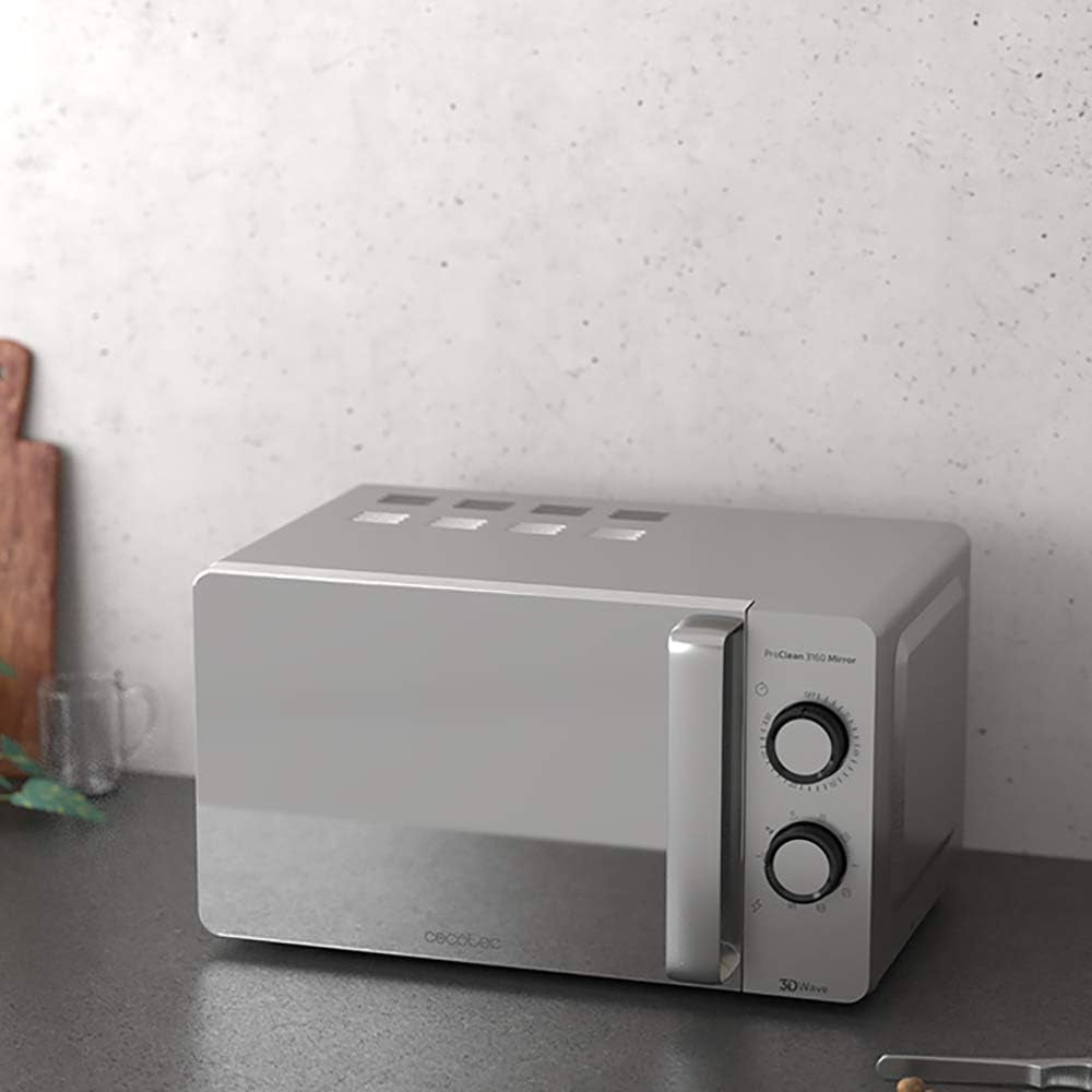 Micro-Ondes Proclean 3160. Revêtement Ready2Clean Pour Un Meilleur Nettoyage, Technologie 3D WAVE, Grill 800 W, 20 L. Design Élégant Avec Porte, 6 Niveaux, Argenté Miroir.