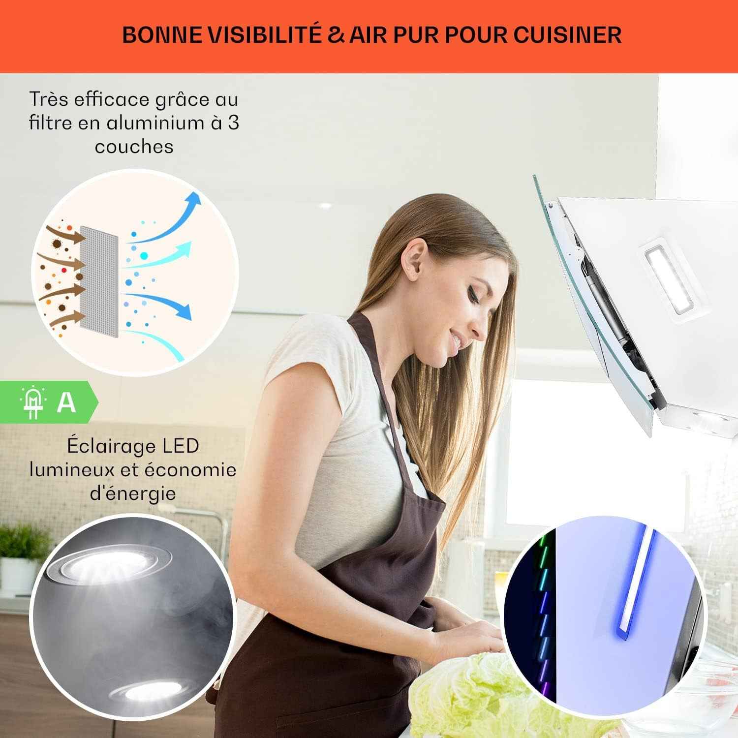 Clara Hotte Aspirante 60Cm, Hottes De Cuisine Inclinées, Filtre De Hotte En Aluminium, Débit D'Air Puissant 591 M³/H, Eclairage À LED, Efficacité Classe A, Efficace Avec Evacuation