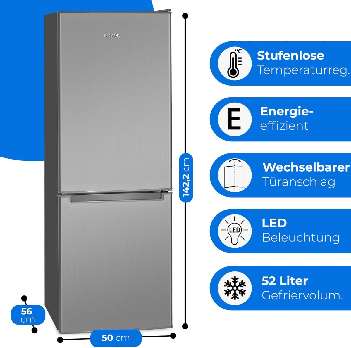 Bomann KG 7331 Réfrigérateur / Congélateur, 173 L, Avec Éclairage Intérieur LED, Bac À Légumes Transparent, En Acier Inoxydable