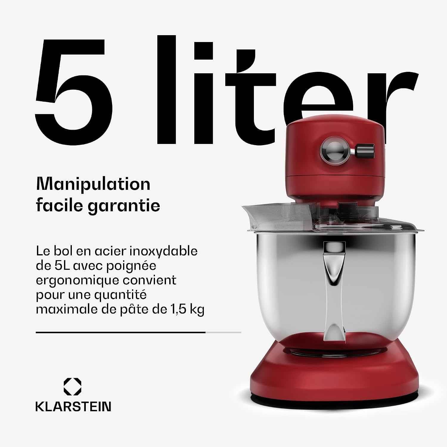 Klarstein Chiara Robot De Cuisine Multifonctions – 1600 W, Bol Inox 5 L, 12 Vitesses, Écran Tactile LCD, Silencieux ≤ 72 Db, Accessoires Lavables, Set De Pâtisserie, Boîtier En Aluminium Moulé, Rouge