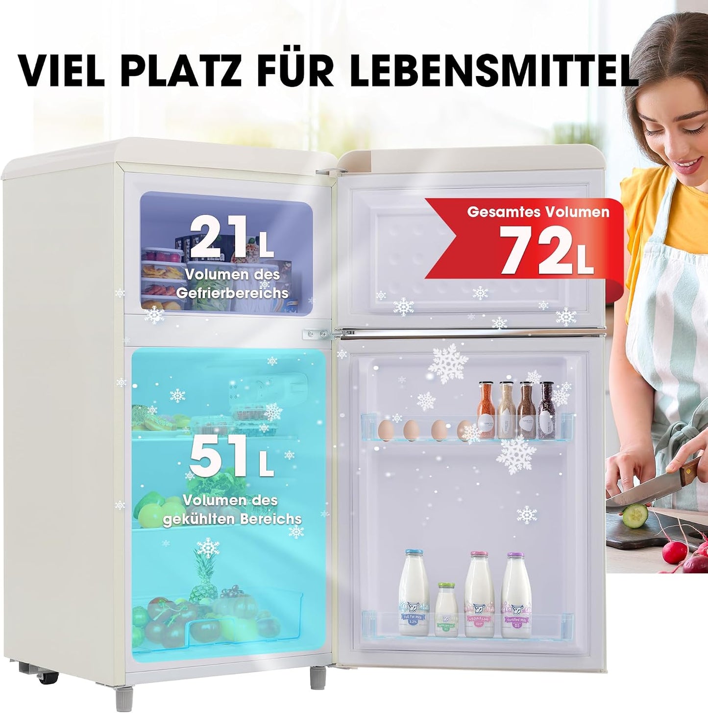 Réfrigérateur Rétro À Double Porte, 72 Litres, Avec Compartiment Congélateur De 21 Litres, 120 Kwh/An, Éclairage LED - Blanc