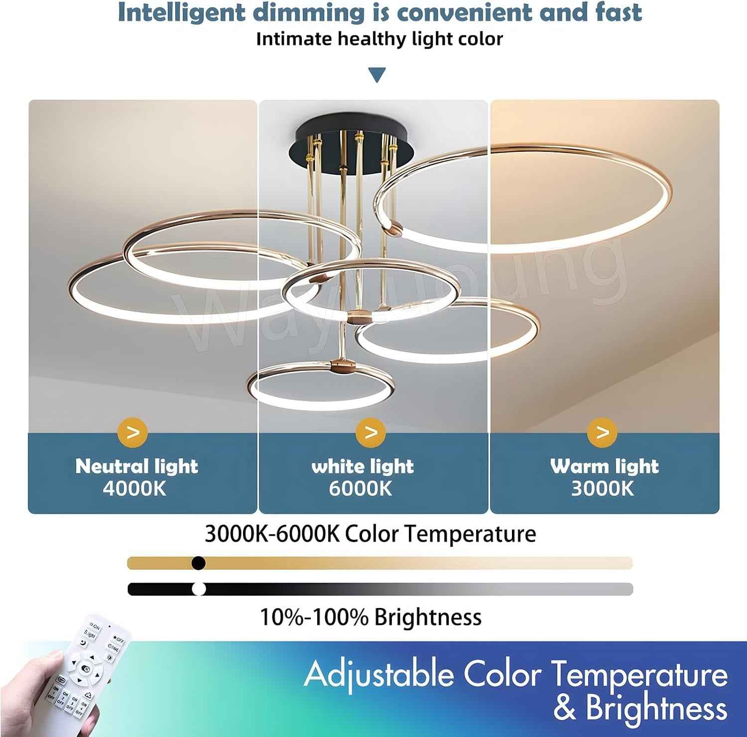 Plafonnier LED, Ø105Cm Lustre Cercle En Métal Doré, 145W Dimmable En Continu 3000-6000K, Pendentif Galvanoplastie Rond Moderne, Chambre Salon Enfants Bureau Étude Cuisine Couloir (6 Anneaux)
