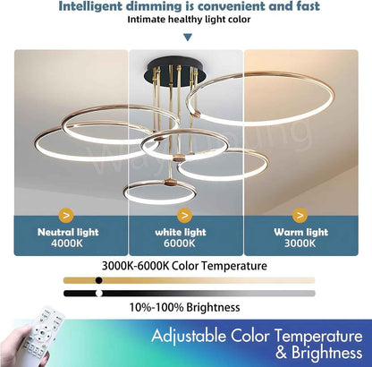 Plafonnier LED, Ø105Cm Lustre Cercle En Métal Doré, 145W Dimmable En Continu 3000-6000K, Pendentif Galvanoplastie Rond Moderne, Chambre Salon Enfants Bureau Étude Cuisine Couloir (6 Anneaux)