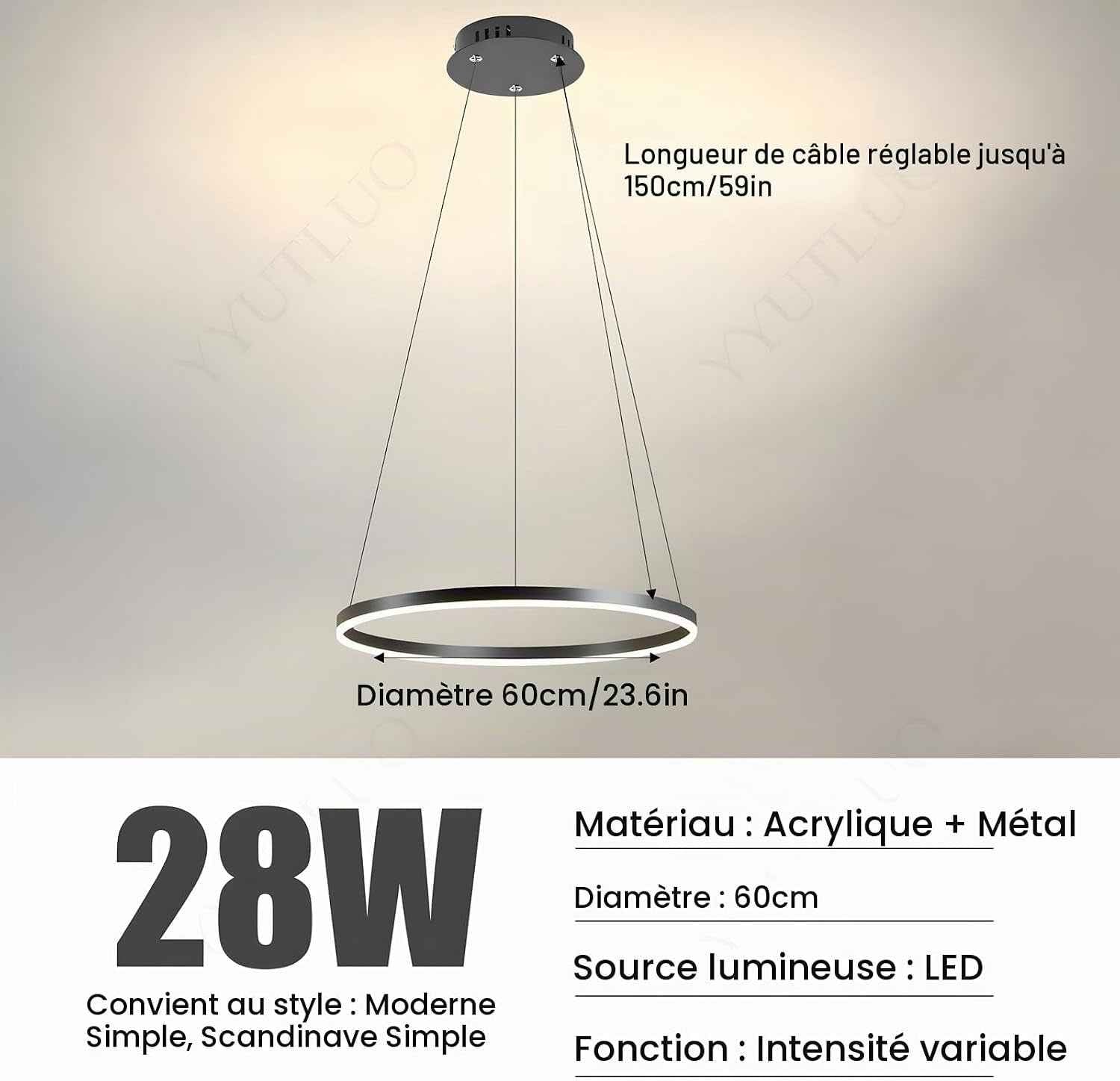 Lustre LED Moderne DIY Cercle | 1 Noire Anneaux :60Cm=29W| Éclairage Suspendu LED Métal+Acrylique Télécommande Intensité Variable 2,13G Lampe Suspendue Plafond Ronde Salon Chambre Coucher