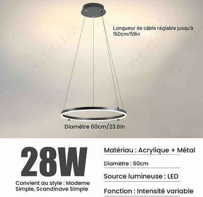 Lustre LED Moderne DIY Cercle | 1 Noire Anneaux :60Cm=29W| Éclairage Suspendu LED Métal+Acrylique Télécommande Intensité Variable 2,13G Lampe Suspendue Plafond Ronde Salon Chambre Coucher