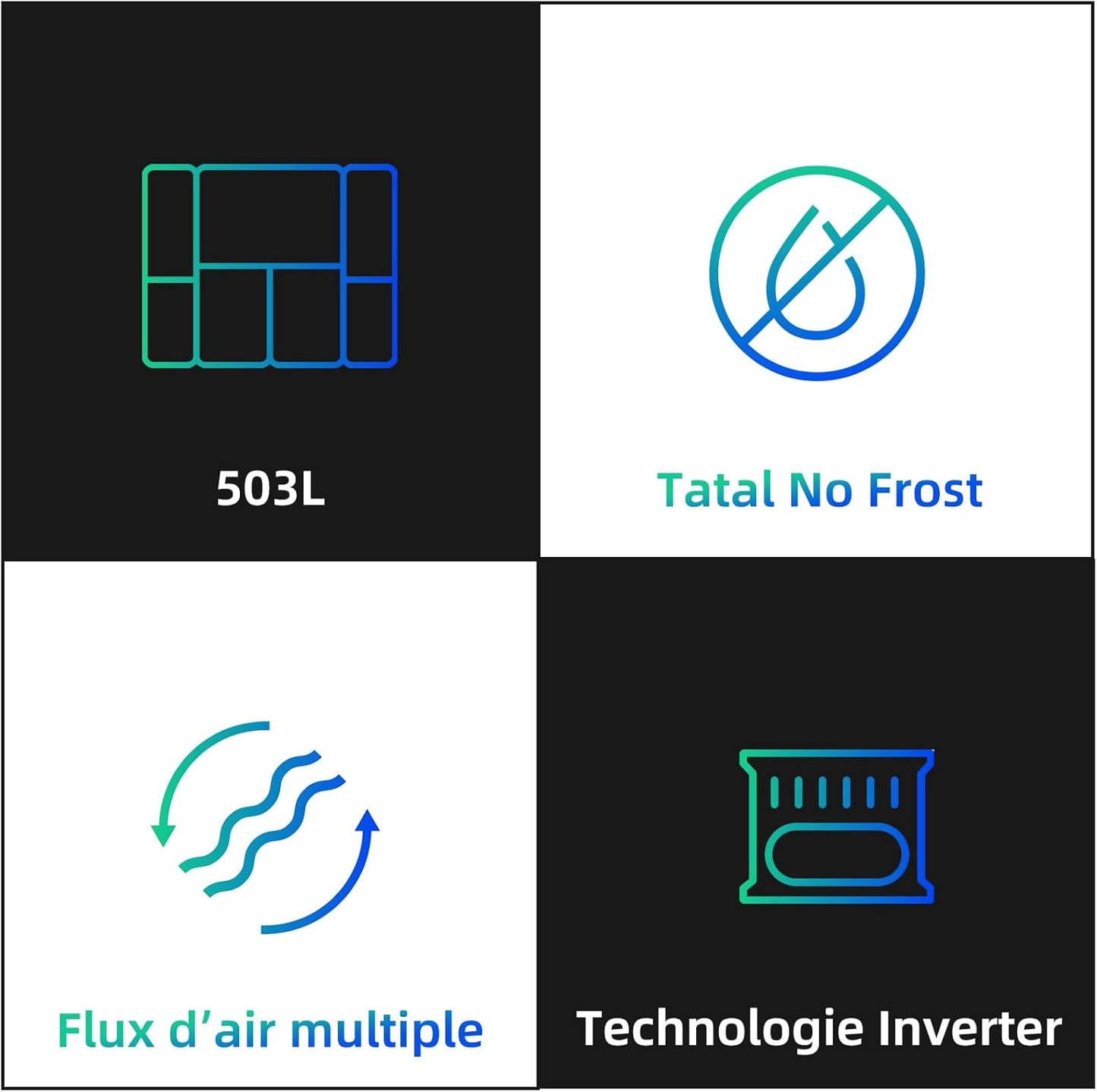 Réfrigérateur Américain À Portes Multiples CCD503NEIBE, 177 Cm De Hauteur, 69 Cm De Profondeur, Total De 503 Litres, Compresseur À Inverter, Aucun Givre, Flux D'Air Multiples, Espace Care, Congé