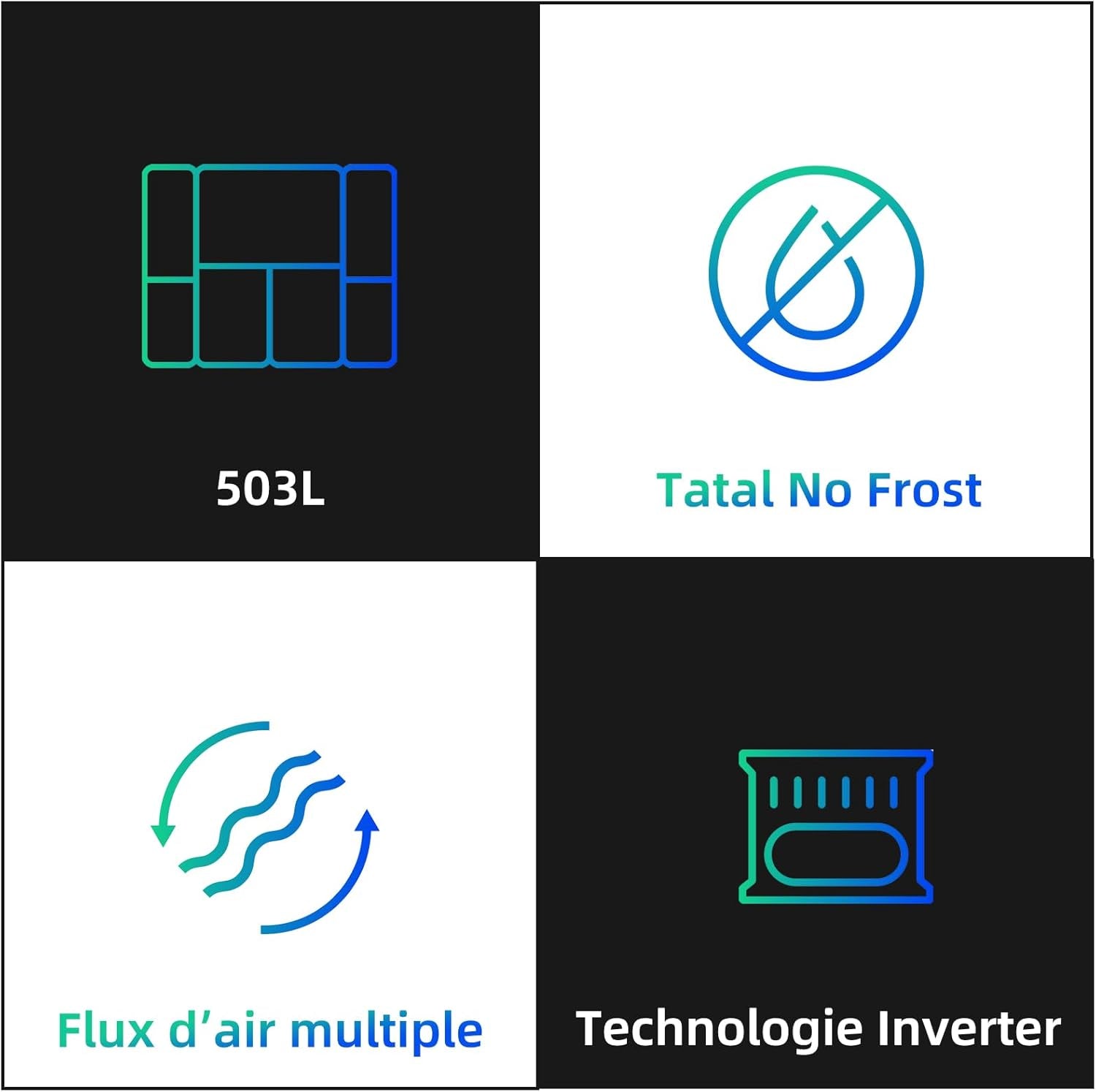 Réfrigérateur Américain À Portes Multiples CCD503NEIBE, 177 Cm De Hauteur, 69 Cm De Profondeur, Total De 503 Litres, Compresseur À Inverter, Aucun Givre, Flux D'Air Multiples, Espace Care, Congé