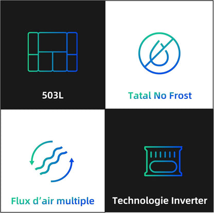 Réfrigérateur Américain À Portes Multiples CCD503NEIBE, 177 Cm De Hauteur, 69 Cm De Profondeur, Total De 503 Litres, Compresseur À Inverter, Aucun Givre, Flux D'Air Multiples, Espace Care, Congé