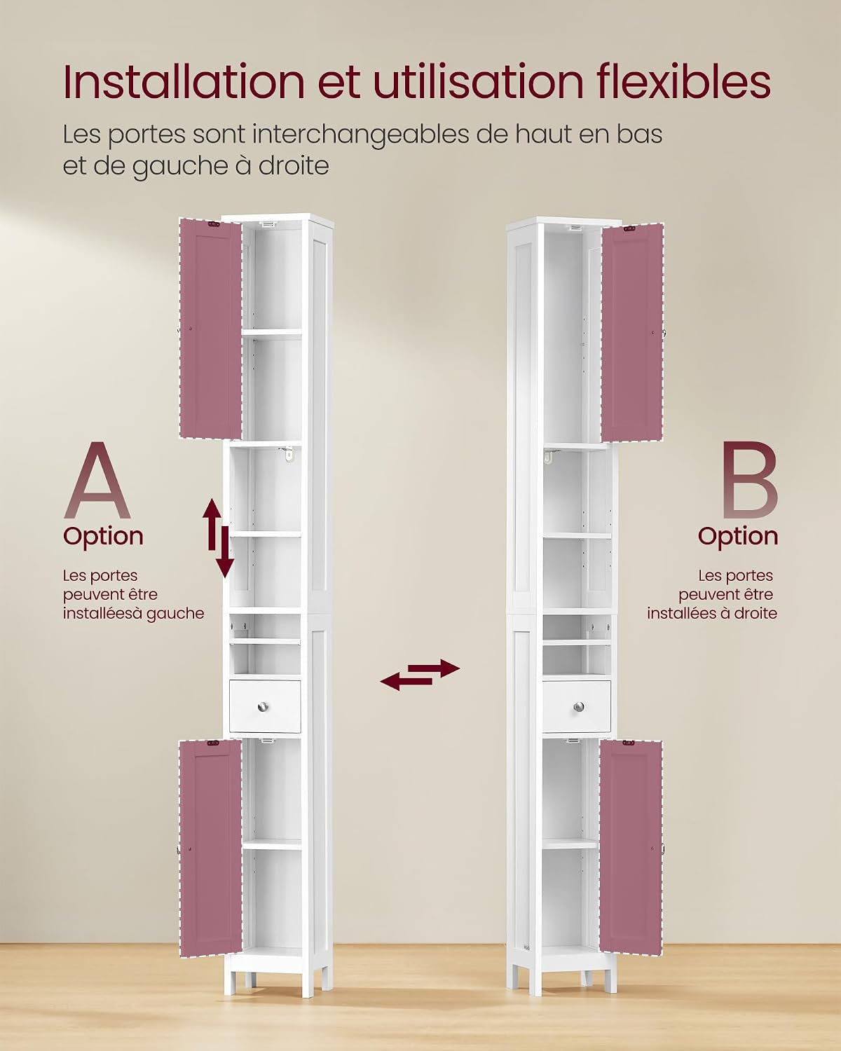 Colonne Salle De Bain Haute, Meuble Salle De Bain Etroit, Avec Étagères Réglables, Tiroir, Compartiments Ouverts, Pour Les Petits Espaces, Moderne, Blanc Nuage BBC765W01