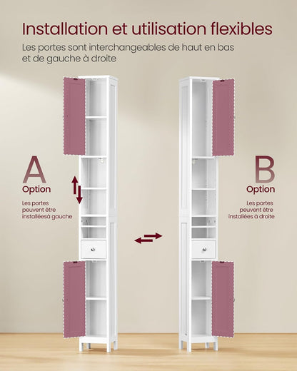 Colonne Salle De Bain Haute, Meuble Salle De Bain Etroit, Avec Étagères Réglables, Tiroir, Compartiments Ouverts, Pour Les Petits Espaces, Moderne, Blanc Nuage BBC765W01