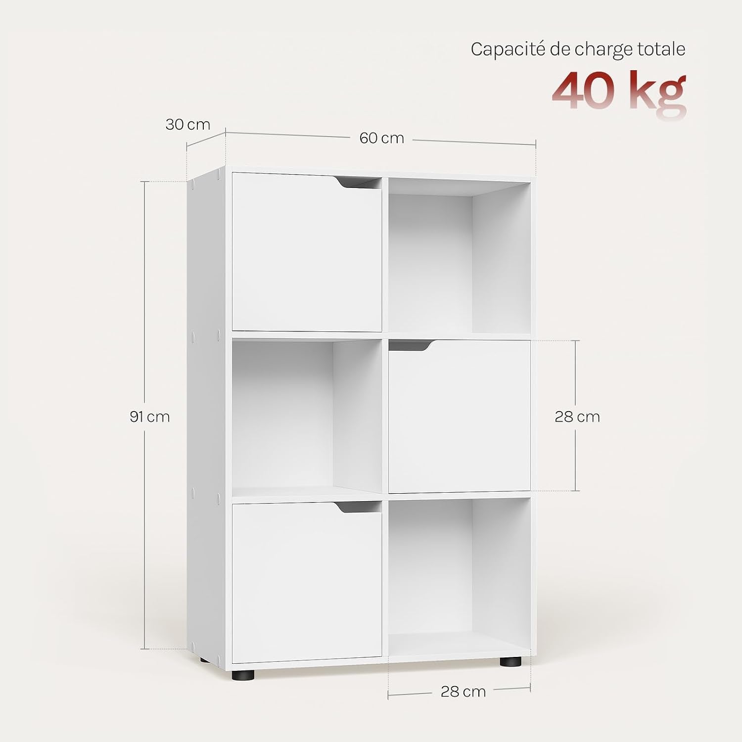 Bibliothèque Étagère De Rangement, Meuble Cube 59,6X29X91Cm | En MDF Pour Salon Bureau Avec 3 Portes 6 Compartiments, Blanc