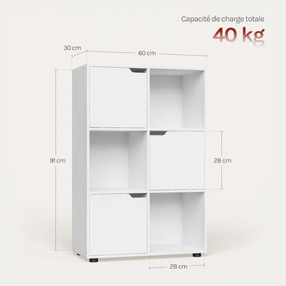 Bibliothèque Étagère De Rangement, Meuble Cube 59,6X29X91Cm | En MDF Pour Salon Bureau Avec 3 Portes 6 Compartiments, Blanc
