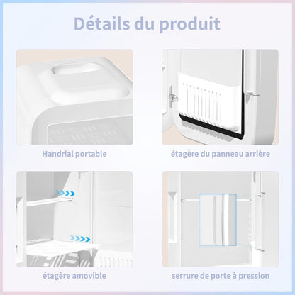 Mini Frigo Pour Chambre, Frigo Skincare Avec Miroir LED, Petit Frigo De 4L Portable, Thermoelectrique Chauffe & Refroidisseur 220V AC / 12V DC Pour Voiture, Bureau, Dortoir (Blanc)