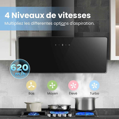 ' CH90J64ET4A2B2-EU Hotte Aspirante Inclinée, 620M³/H, 90Cm, A++ | 59 Db, Commande Tactile, 4 Vitesses, Recirculation Et Évacuation, Filtre Aluminium 5 Couches, LED, Noir, Verre Trempé