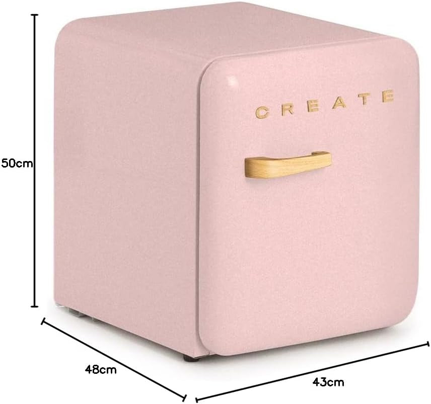 / RETRO FRIDGE 50 Wood/Réfrigérateur Rose Avec Poignée Bois/Pratique Et Fonctionnel, Matériaux Résistants
