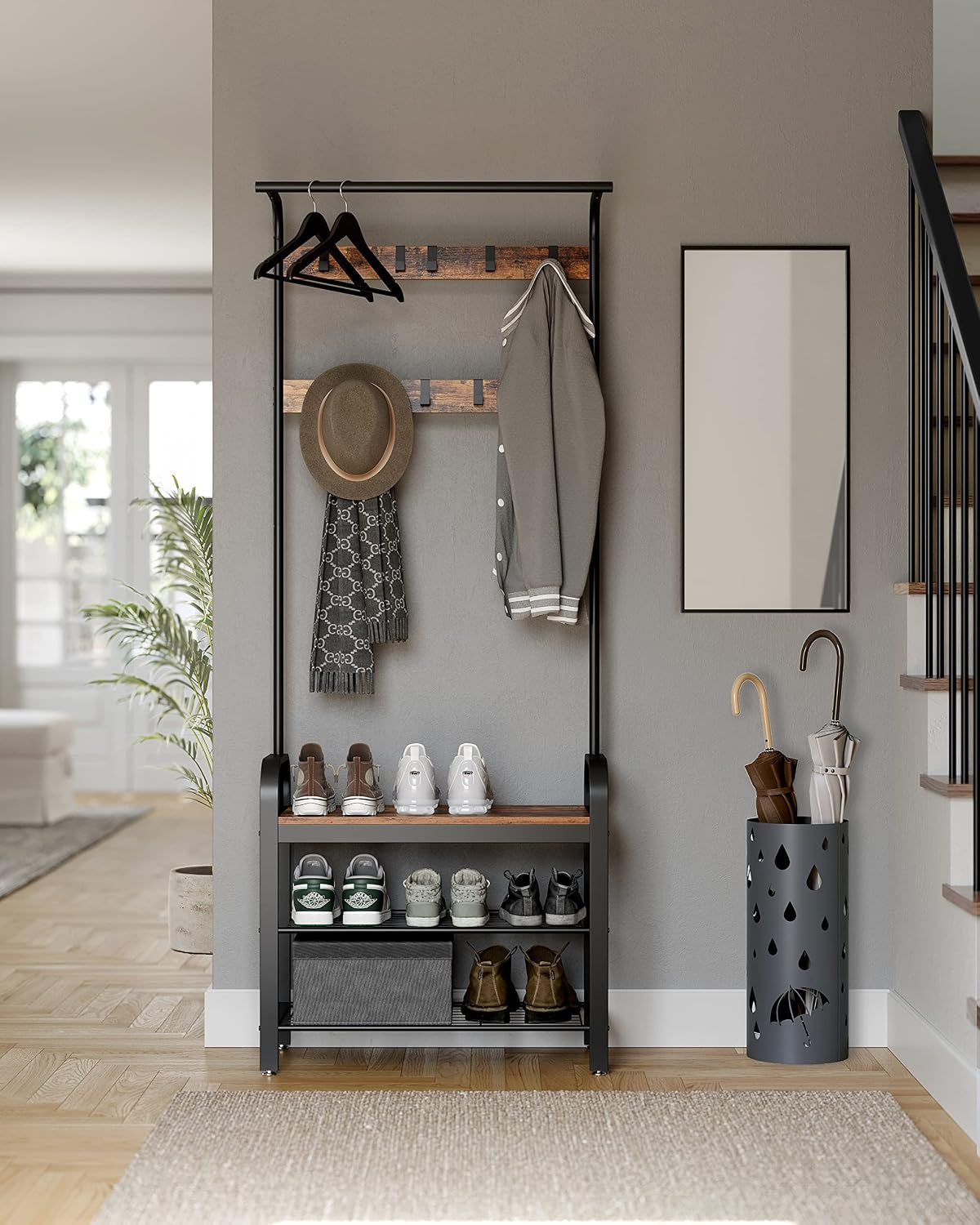 Porte-Manteau Avec Étagère À Chaussures, 4-En-1, Vestiaire | Meuble D'Entrée Avec Banc, Marron Rustique Et Noir, Amovibles, Vestiaire, Style Industriel, Dacey Collection HSR40B