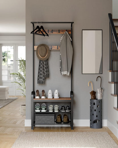 Porte-Manteau Avec Étagère À Chaussures, 4-En-1, Vestiaire | Meuble D'Entrée Avec Banc, Marron Rustique Et Noir, Amovibles, Vestiaire, Style Industriel, Dacey Collection HSR40B