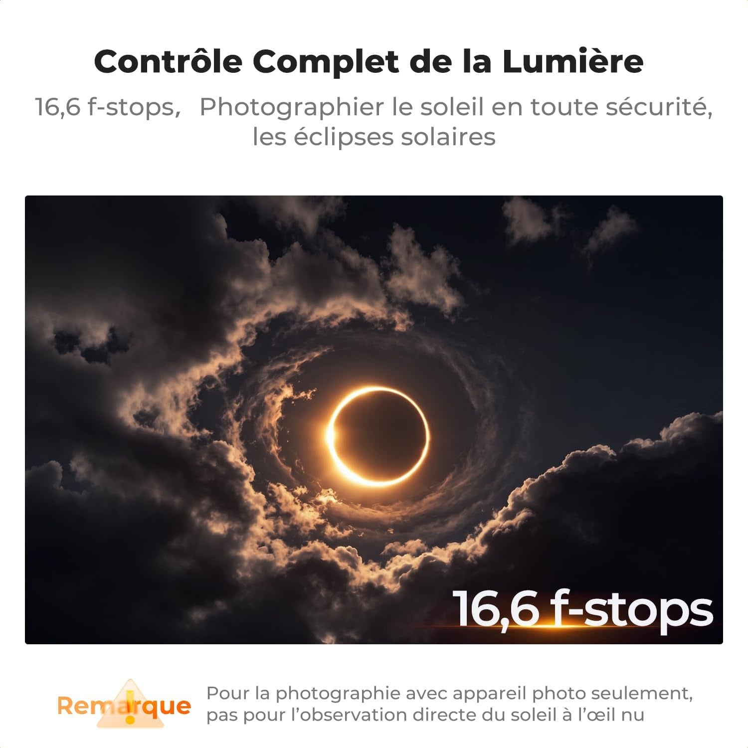 Ø77Mm Filtre ND100000 16.6 F-Stops 5.0 HD Pour Éclipse Solaire | Certifiées ISO 12312-2 : 2015,Étanche,Verre Optique,Résistant À L’Huile Et Aux Rayure,Cadre CNC Antidérapant,Nano-X,Fn706