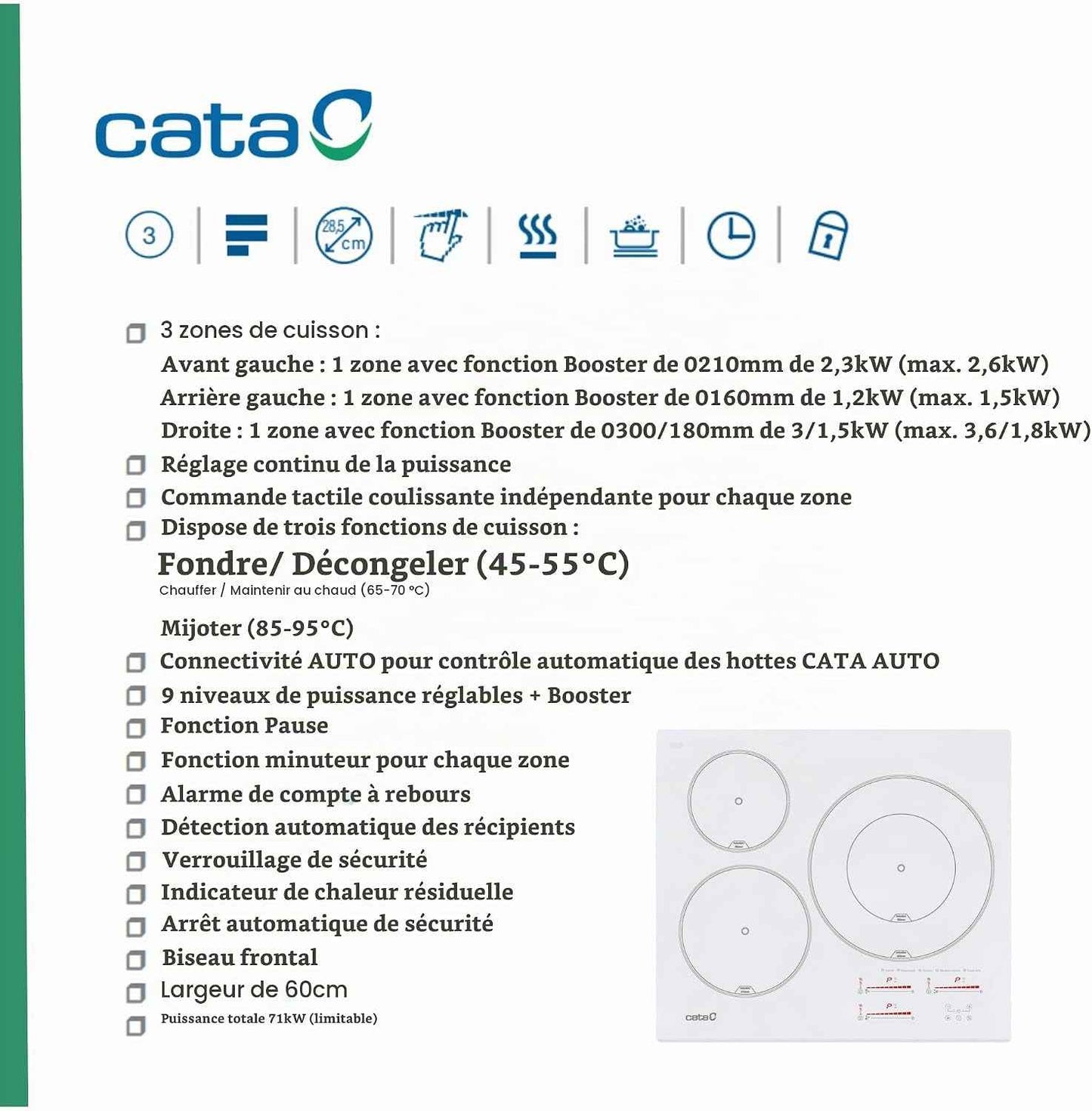 , Plaque D'Induction, Modèle INSB 6003 WH, 3 Zones De Cuisson, 9 Niveaux De Puissance + Booster 52X60X6Cm Blanc