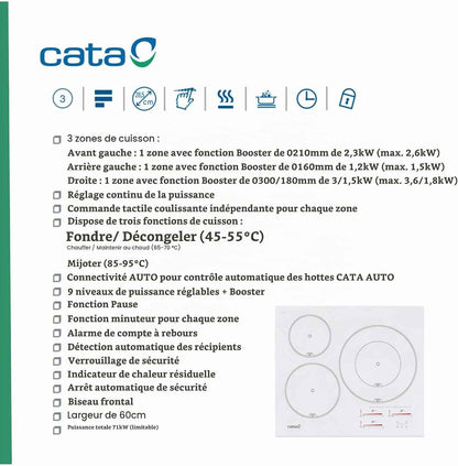 , Plaque D'Induction, Modèle INSB 6003 WH, 3 Zones De Cuisson, 9 Niveaux De Puissance + Booster 52X60X6Cm Blanc