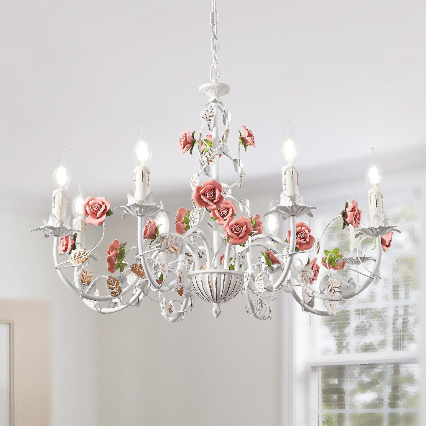 Lustre Blanc Vintage,Lustre Salon En Métal Avec Rose En Céramique Fleurs,Suspension Luminaire À Bougies E14 Française Pour Chambre Salon Enfant Chambre Salle À Manger,8 Lumières