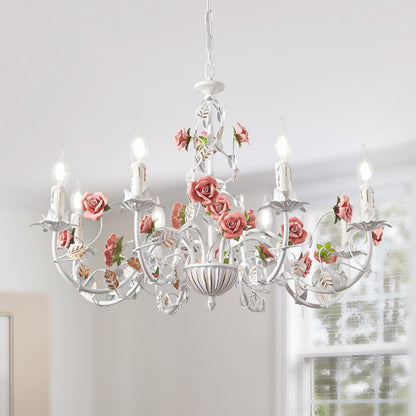 Lustre Blanc Vintage,Lustre Salon En Métal Avec Rose En Céramique Fleurs,Suspension Luminaire À Bougies E14 Française Pour Chambre Salon Enfant Chambre Salle À Manger,8 Lumières