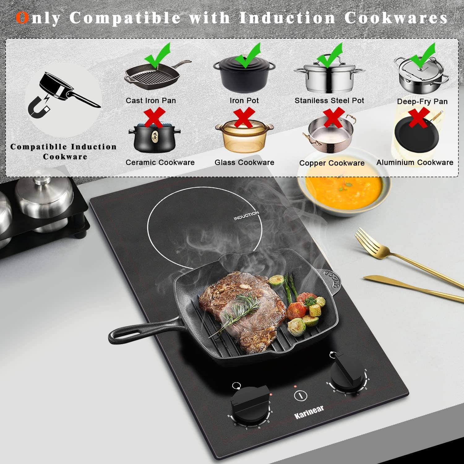 Plaque Induction 2 Feux Avec Bouton | Table De Cuisson Induction 30CM Avec Prise, Commande Par Bouton Rotatif, 9 Niveaux, Arrêt Automatique, 3500W, 220V