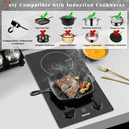 Plaque Induction 2 Feux Avec Bouton | Table De Cuisson Induction 30CM Avec Prise, Commande Par Bouton Rotatif, 9 Niveaux, Arrêt Automatique, 3500W, 220V
