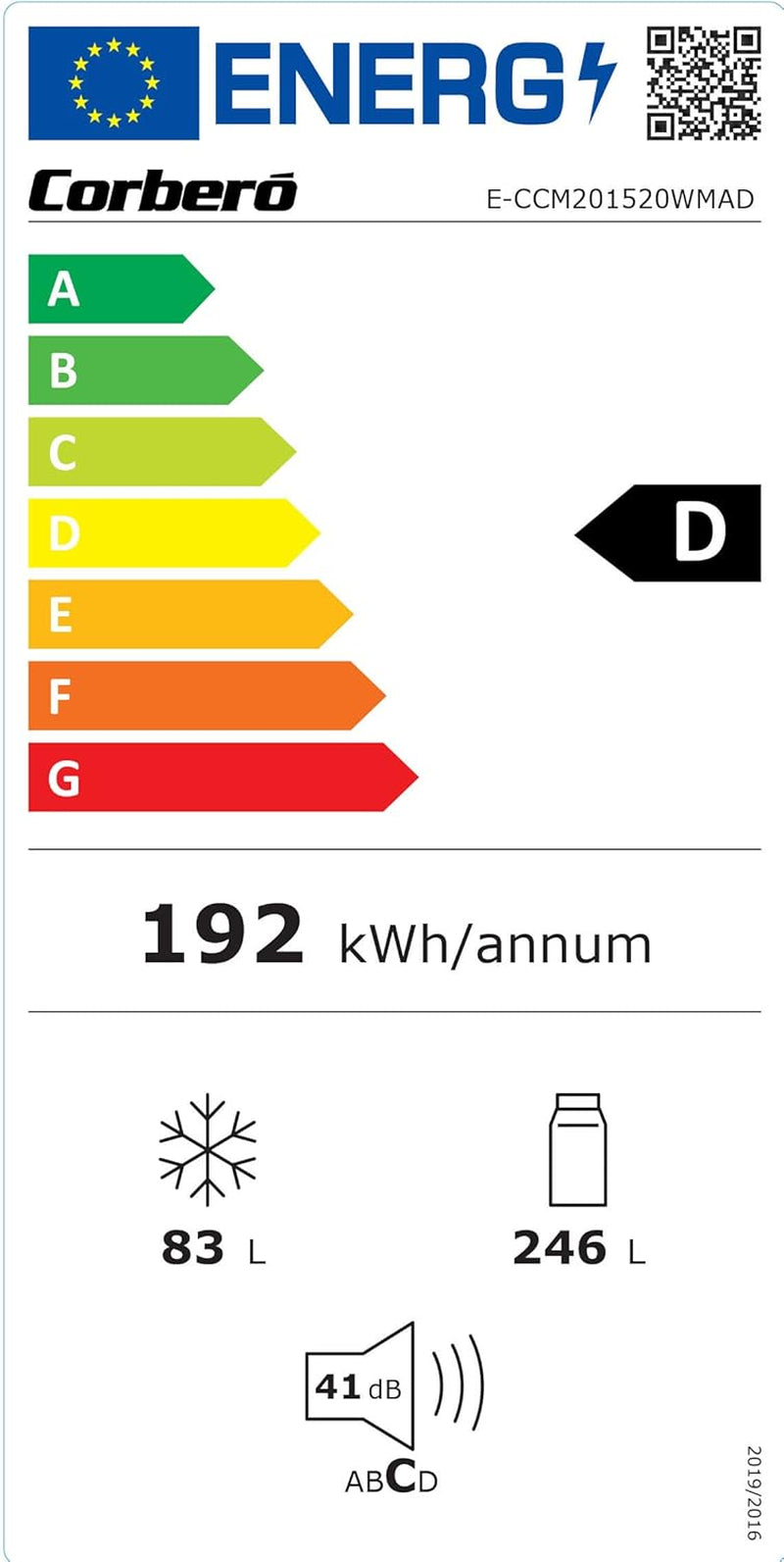 Corberó E-CCM201520WMAD Combis 200X60 Non Frost Dimensions 201 X 60 X 63, Capacité 329 L, Pas De Frost, Couleur Blanc, Métal Back Cooling, Efficacité Énergétique D