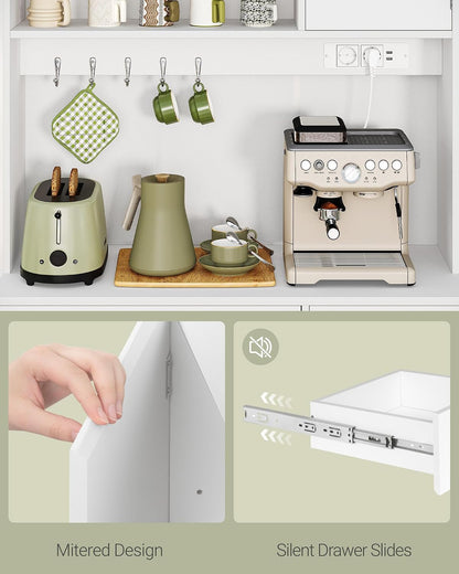Meuble Cuisine, Buffet Avec Prises Électriques | Meuble De Rangement Cuisine Avec Plans De Travail Et 2 Tiroirs, Cuisine, Salon, 40 X 100 X 180 Cm , Blanc, PT00203XEU