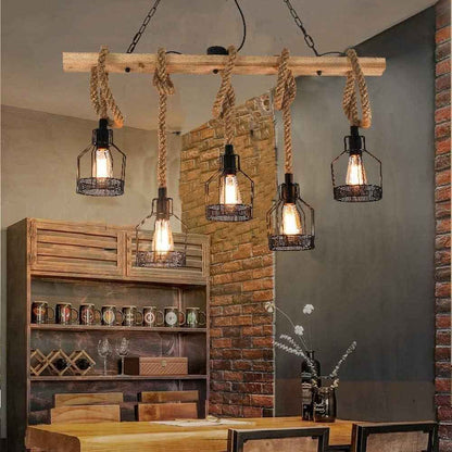 Lampe À Suspension Îlot De Cuisine, Luminaires De Cuisine, Lustre Rustique Salle À Manger Avec 5 Douilles E27, Lustre Poutre Métal Et Bois, Plafonnier Suspendus Au Plafond