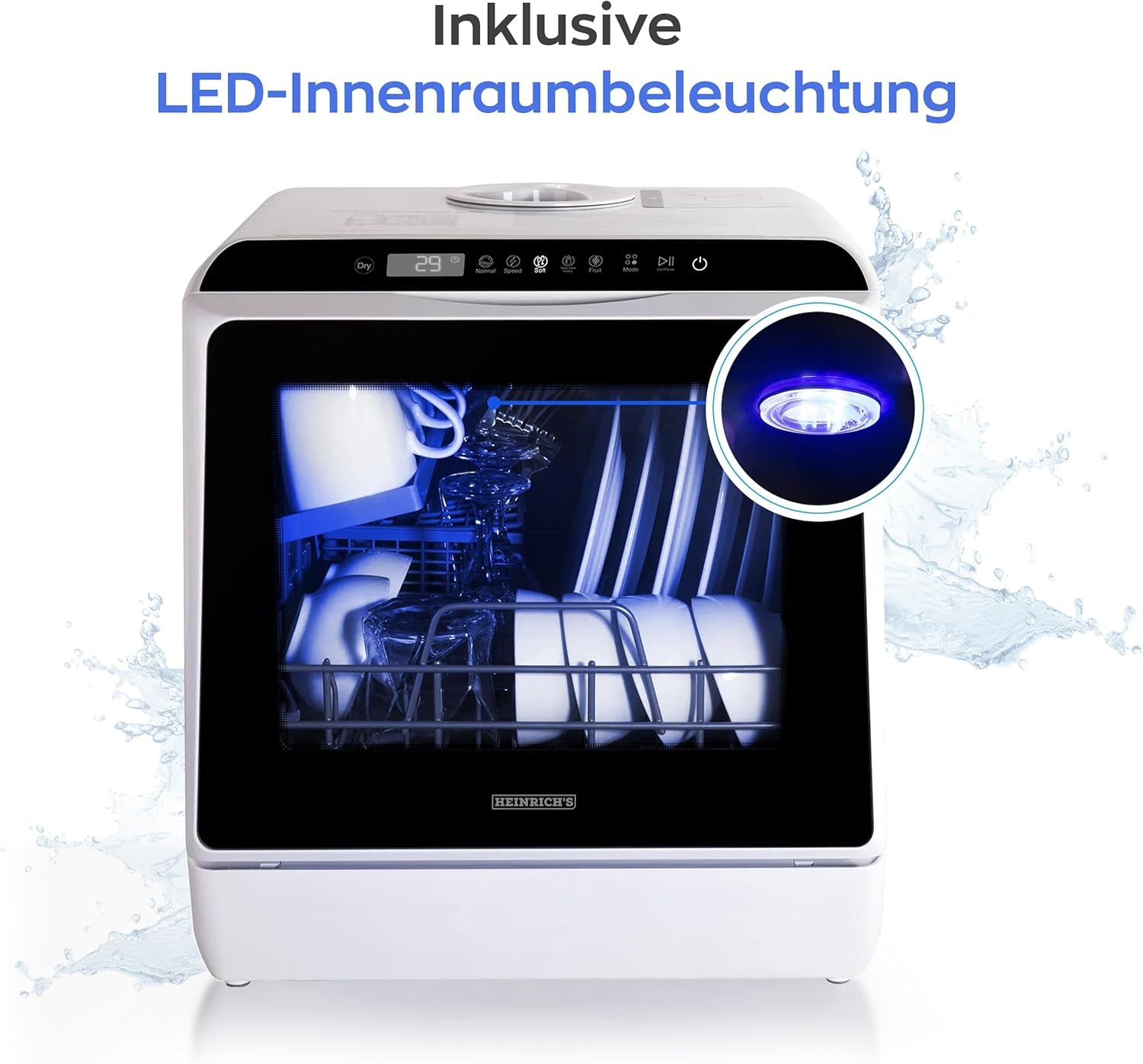 HEINRICHS Mini Lave-Vaisselle Portable Avec Réservoir D'Eau De 5 L, Utilisable Avec Ou Sans Raccordement D'Eau, Petit + Autonome Pour Bureau, Camping, Camping-Car, 6 Programmes