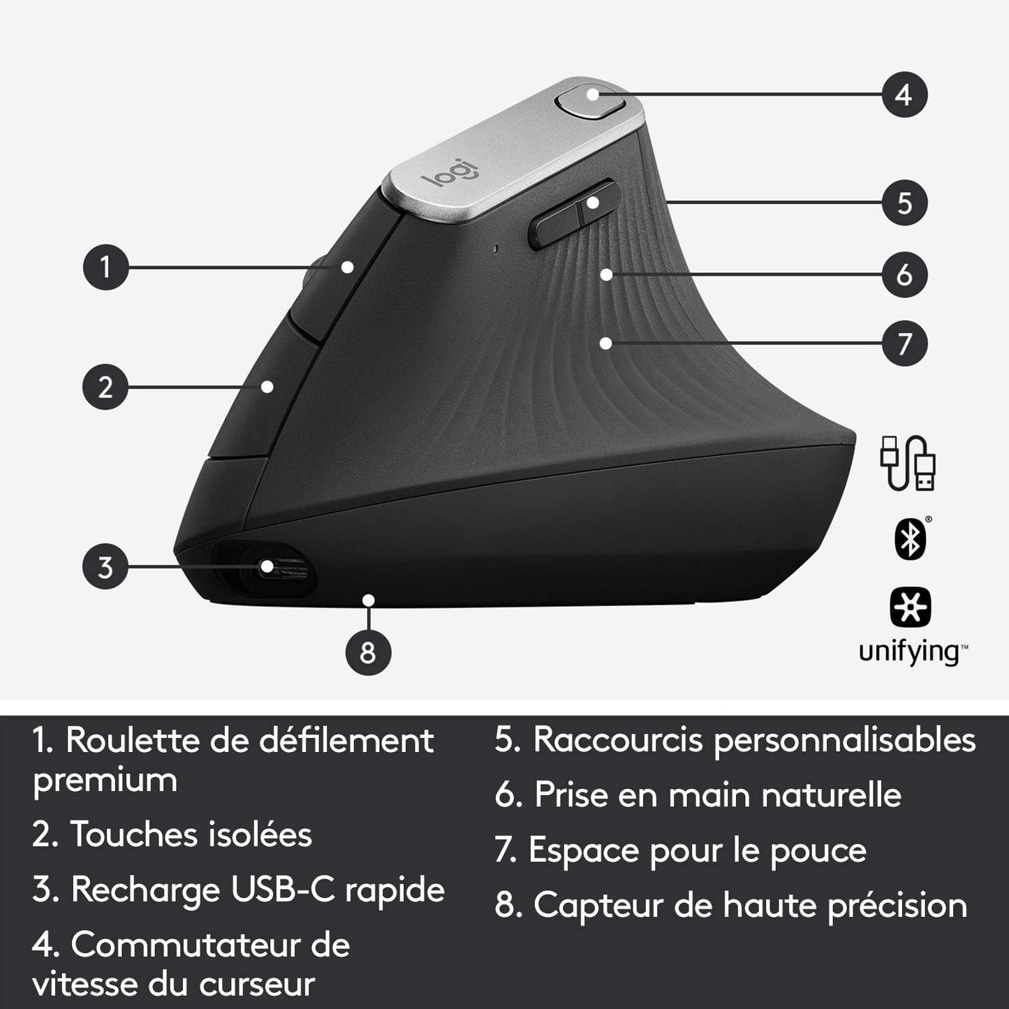 MX Vertical Souris Ergonomique Sans Fil | Multi-Dispositifs, Bluetooth/2,4 Ghz, Récepteur USB Unifying, 4000 PPP, 4 Boutons, Charge Rapide, Pc/Mac/Ipad OS - Graphite